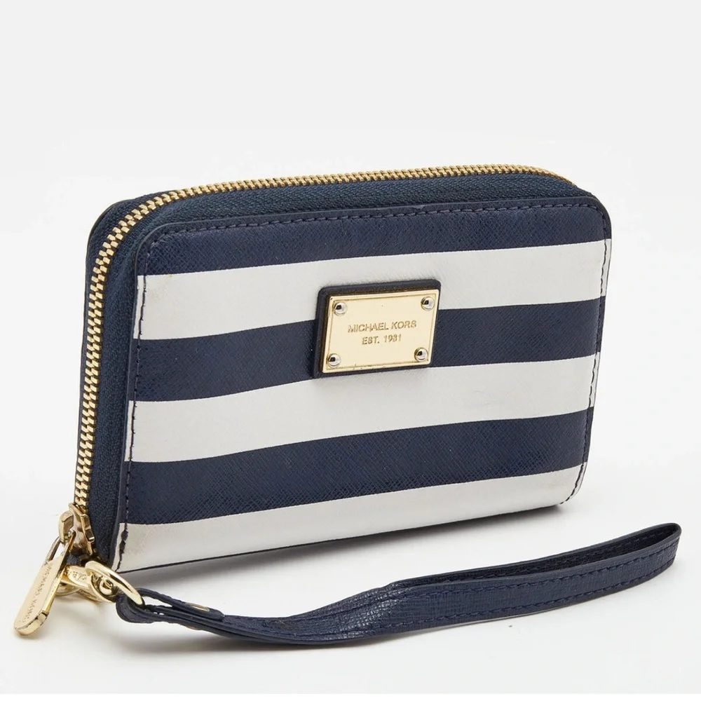 Michael Kors Blue/White Leather Striped Zip Around Wallet